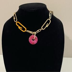 Nordstrom Open Edit Paper Clip Necklace Gold with Orange Pink Accents Chunky NEW